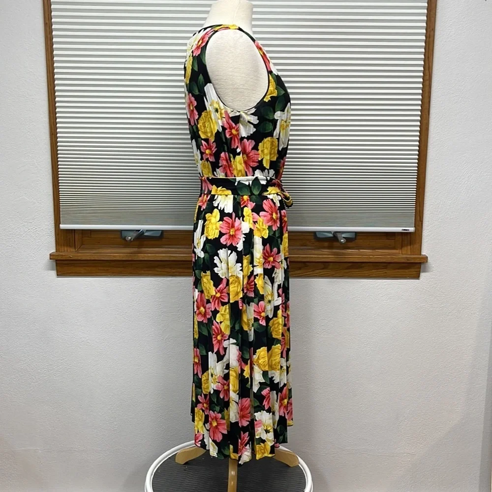 T Tahari Black Floral Print Sleeveless Pleated Belted Midi Dress Size Medium - Picture 5 of 12